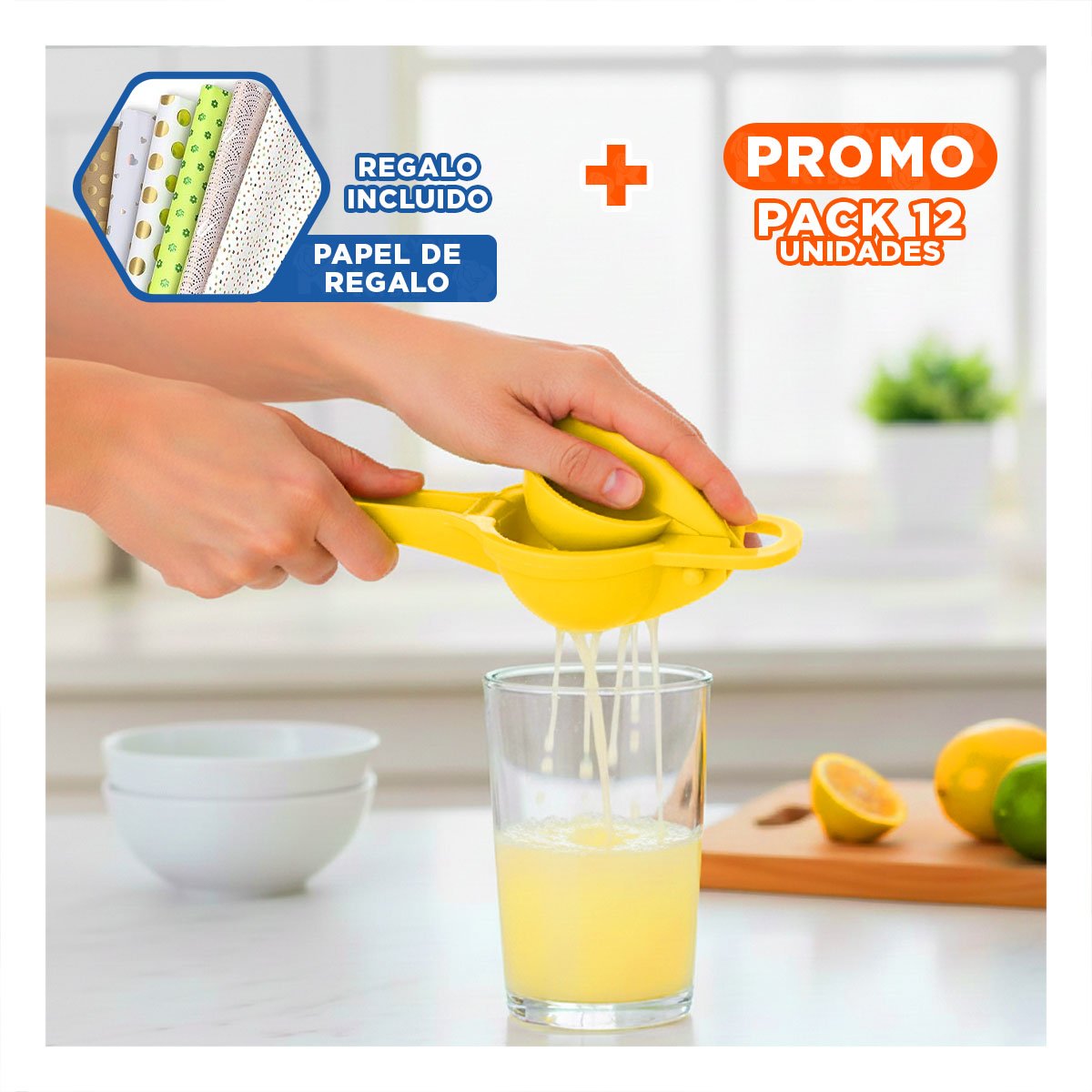 PACK12 TRITURADOR DE BEBIDAS PLASTICO AMARILLO PARA PREPARAR JUGOS CASEROS Y+PAPEL REGALO - 1