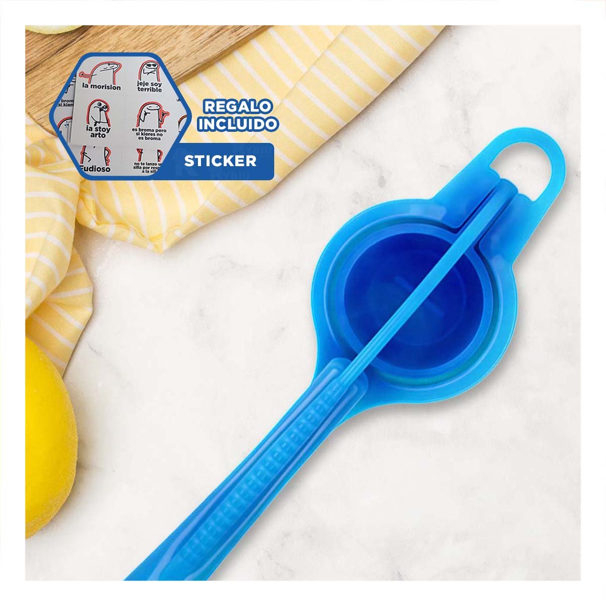 APARATO PARA LIMON PLASTICO CELESTE PARA PREPARAR JUGOS NATURALES Y RAPIDOS Y+REGALO STICKER - 1