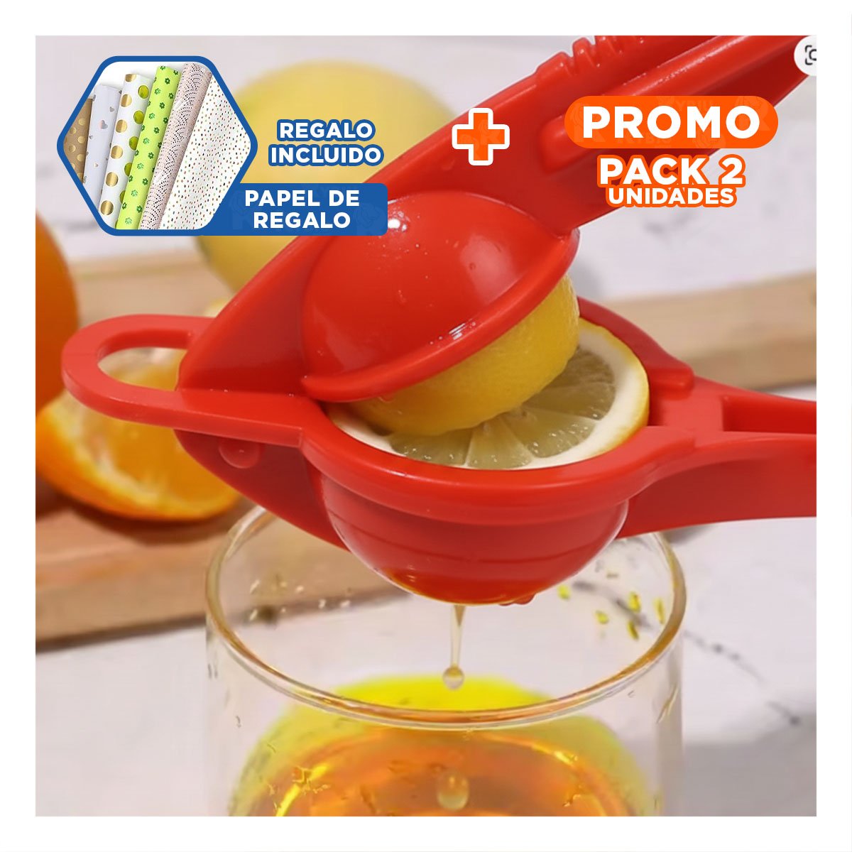 PACK2 EXPRIMIDOR COCINA ROJO FACIL DE USAR PARA BEBIDAS NATURALES Y+PAPEL REGALO - 1