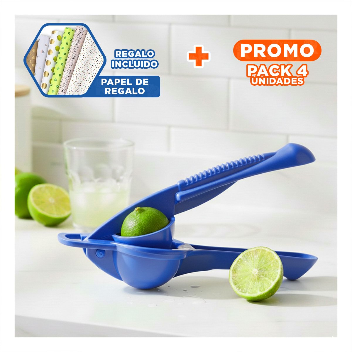 PACK4 JUGUERA BONITA DE LIMON PLASTICO CELESTE PARA PREPARAR JUGOS CASEROS Y+PAPEL REGALO - 1