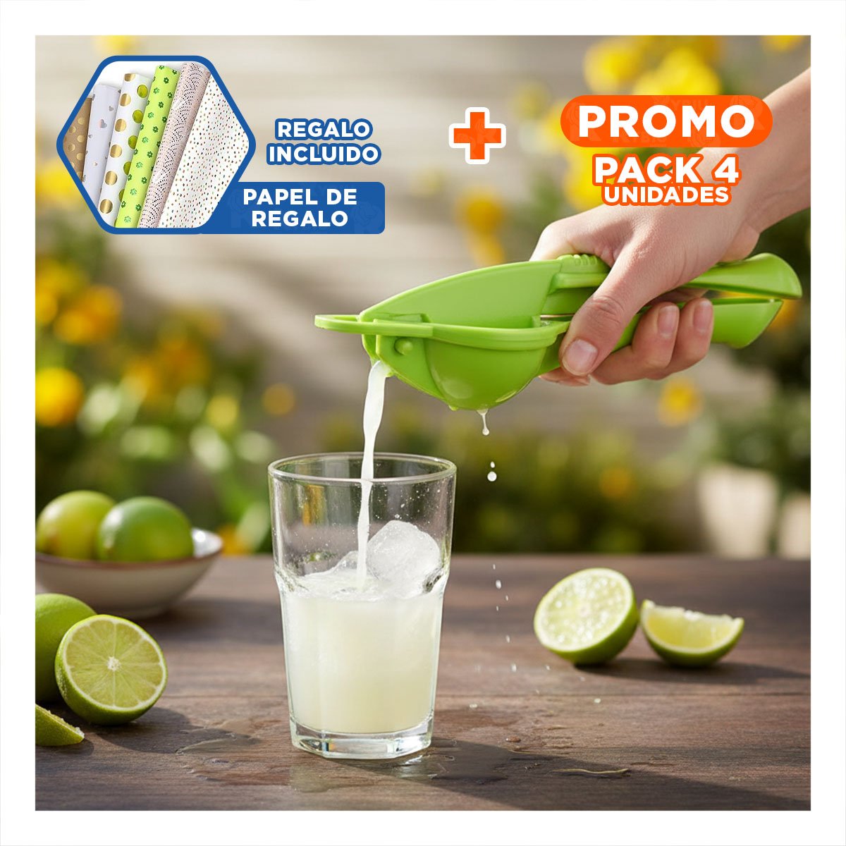 PACK4 PRENSADOR VERDE PLASTICO FRUTAS COMPACTO Y RESISTENTE Y+PAPEL REGALO - 1
