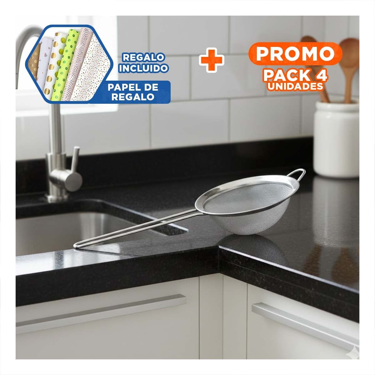 PACK4 COLADERA PRACTICA CON MANGO LARGO DE COCINA EN ACERO PLATEADO Y+PAPEL REGALO - 1