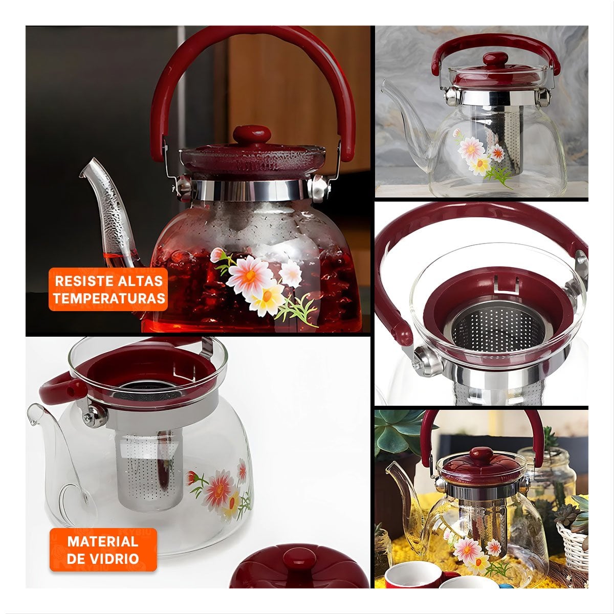 ENVASE PARA TE Y CAFE 1600ML TRANSPARENTE GUINDA VIDRIO DURADERO Y+POST IT - 5