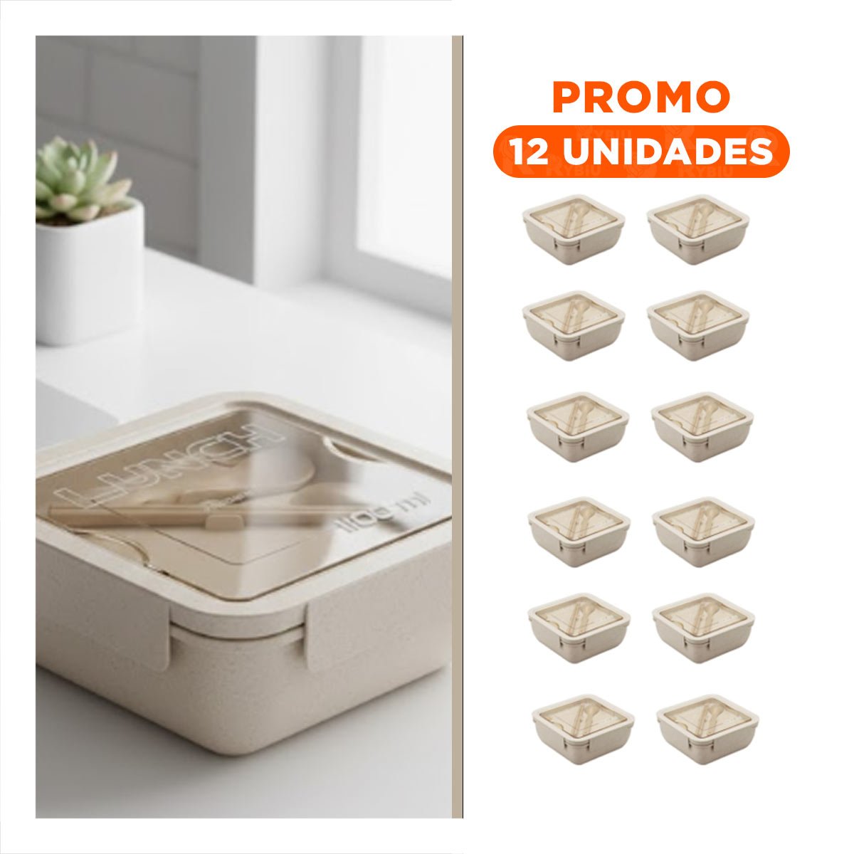 PACK12 TAPER CUADRADO CON CUBIERTOS 1100ML ROSADO PARA MANTENER ALIMENTOS Y+REGALO STICKER - 1