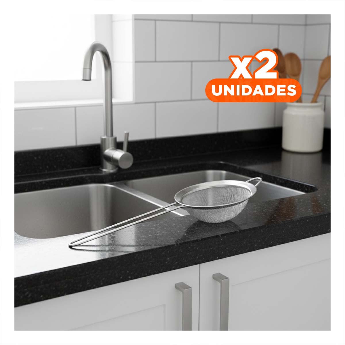 PACK2 CEDAZO PRACTICO CON MANGO LARGO DE COCINA EN ACERO PLATEADO Y+REGALO STICKER - 1