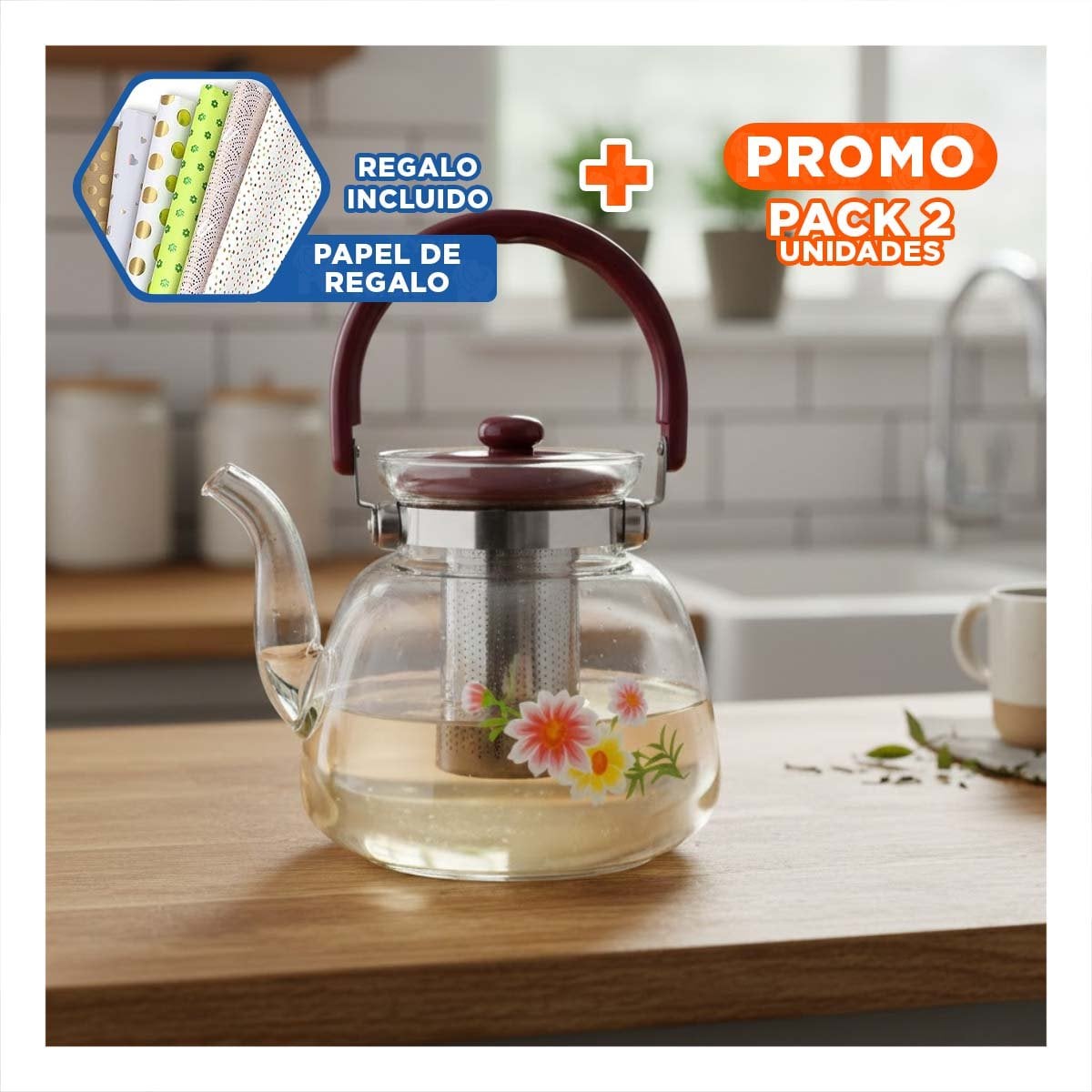 PACK2 TETERA PARA BEBIDAS CALIENTES 1600ML TRANSPARENTE GUINDA RESISTENTE Y+PAPEL REGALO - 1