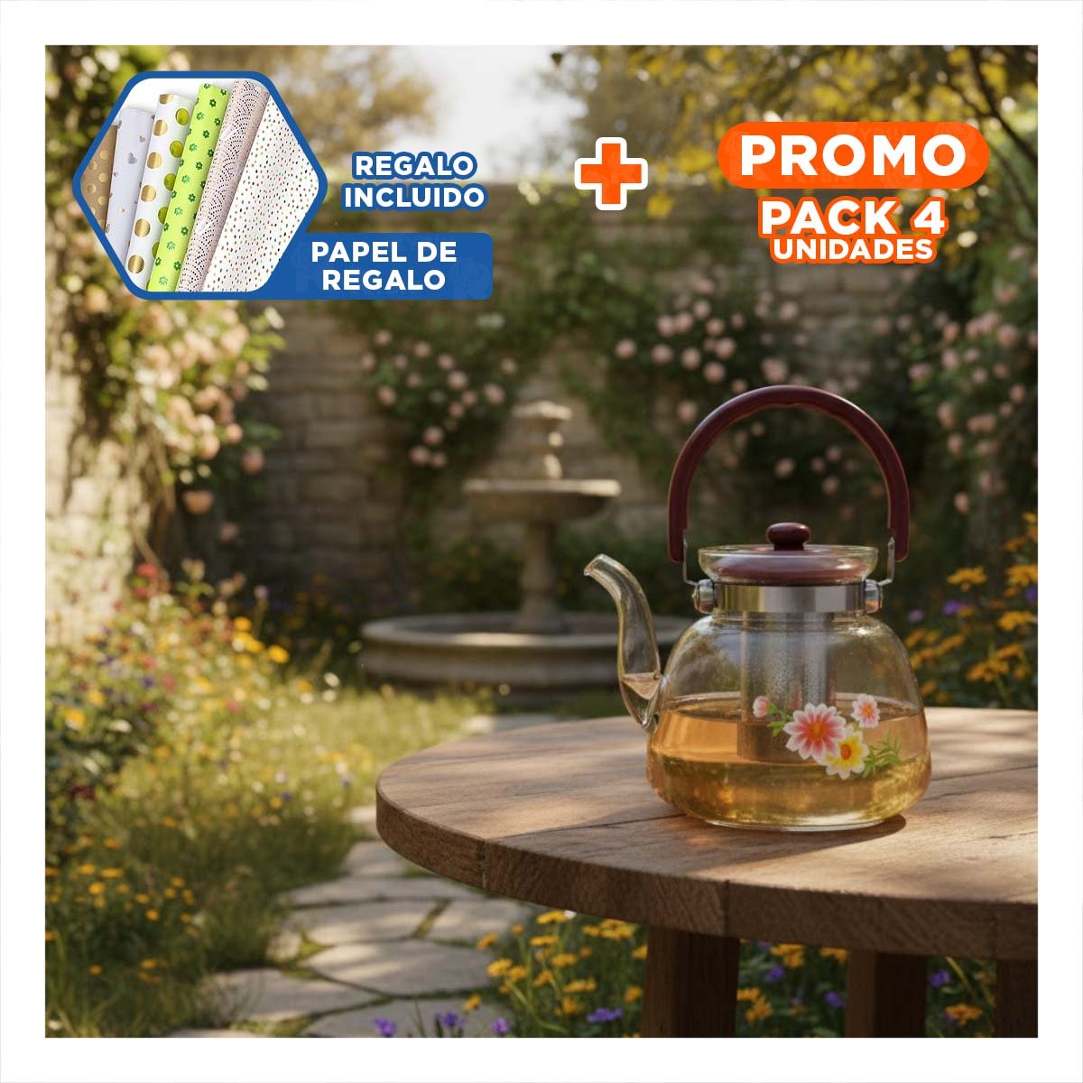 PACK4 SERVIDOR PARA BEBIDAS CALIENTES 1600ML TRANSPARENTE GUINDA Y+PAPEL REGALO - 1