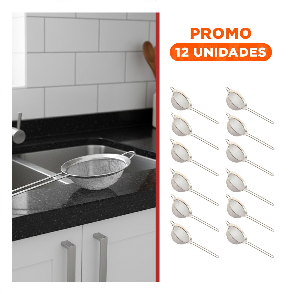PACK12 CEDAZO RESISTENTE CON MANGO LARGO DE COCINA EN ACERO PLATEADO Y+REGALO STICKER - 1