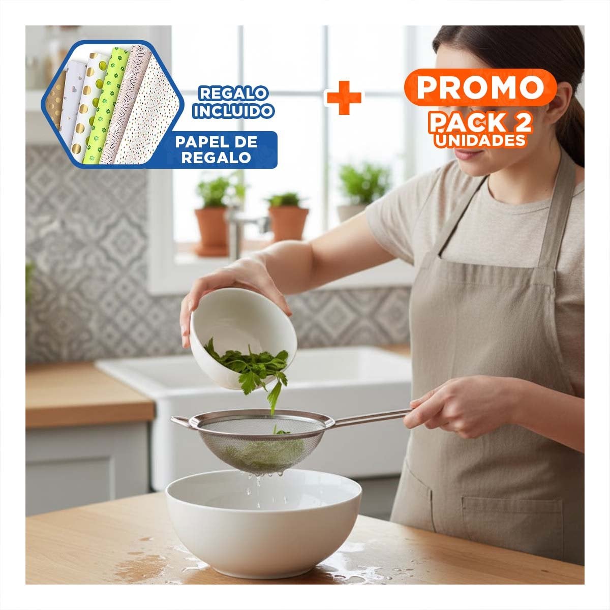 PACK2 TAMIZADOR PRACTICO CON MANGO LARGO PARA COCINA EN ACERO PLATEADO Y+PAPEL REGALO - 1
