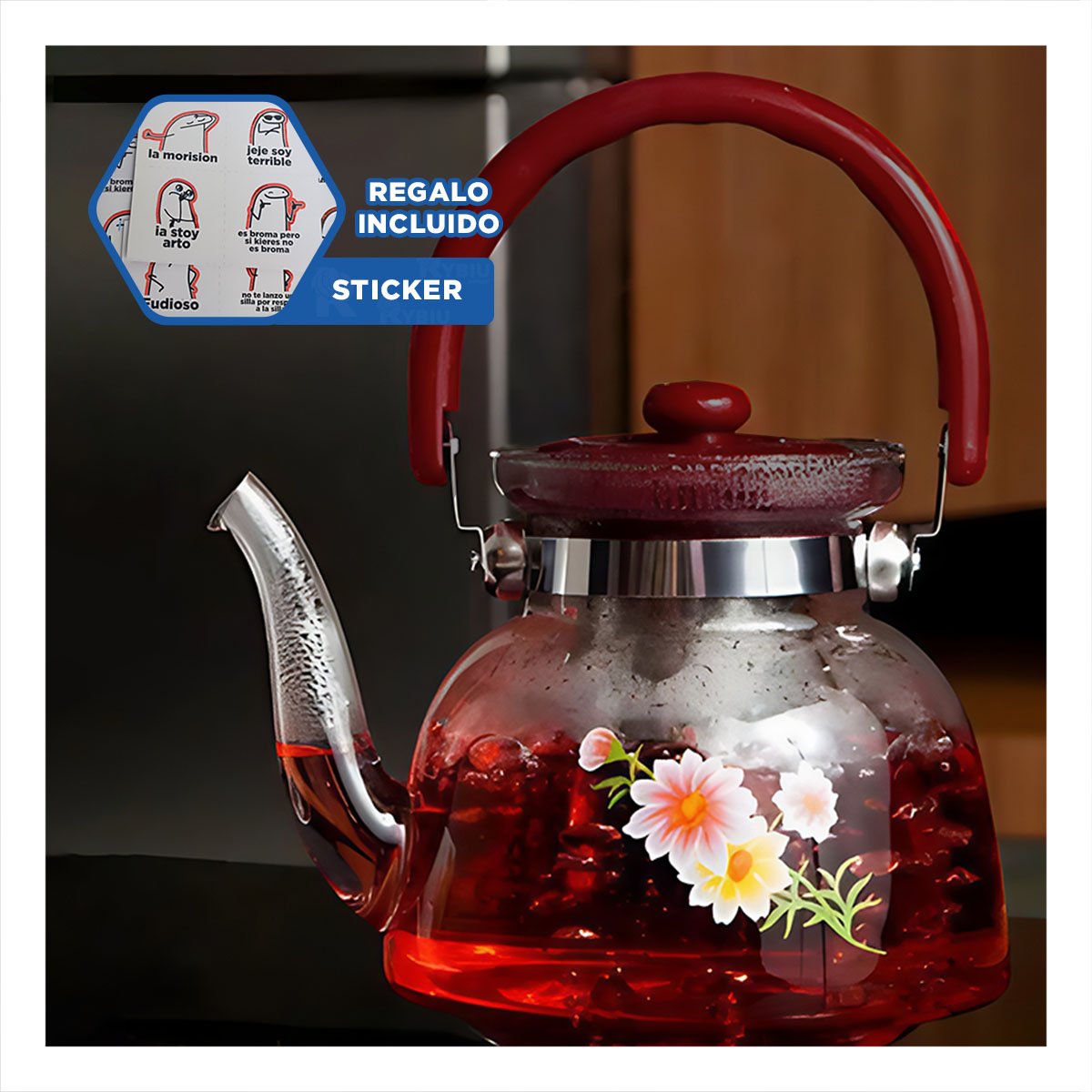 VASO SERVIDOR PARA TE Y CAFE 1600ML TRANSPARENTE GUINDA RESISTENTE Y+REGALO STICKER - 1
