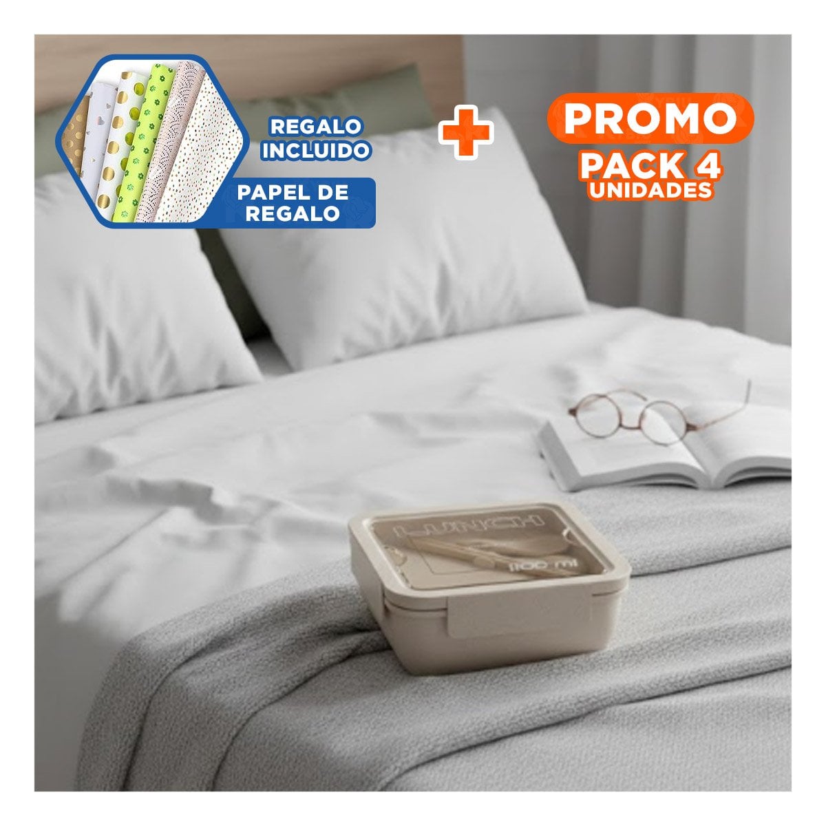 PACK4 CAJA CUADRADA CON CUBIERTOS 1100ML ROSADO PARA LUNCH Y TRANSPORTAR COMIDA Y+PAPEL REGALO - 1