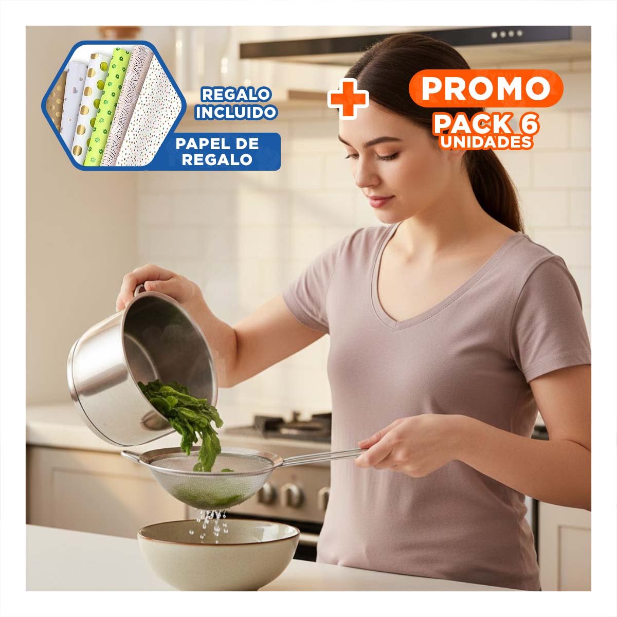 PACK6 HERRAMIENTA PRACTICA CON MANGO LARGO PARA COCINA EN ACERO PLATEADO Y+PAPEL REGALO - 1