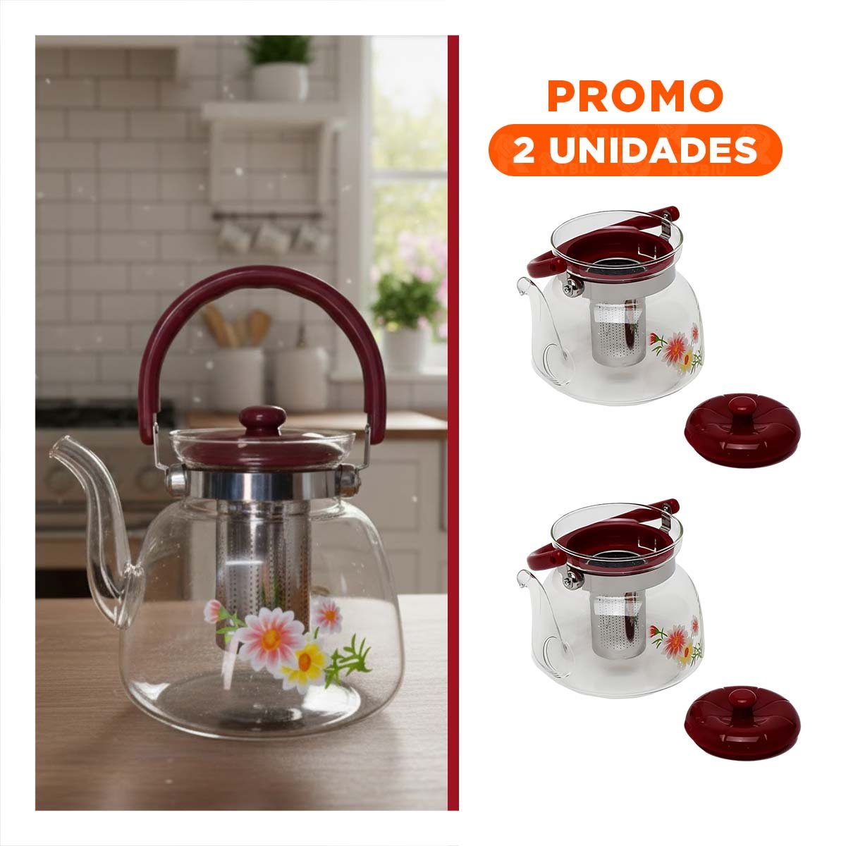 PACK2 JARRA PARA BEBIDAS CALIENTES 1600ML TRANSPARENTE GUINDA VIDRIO - 1