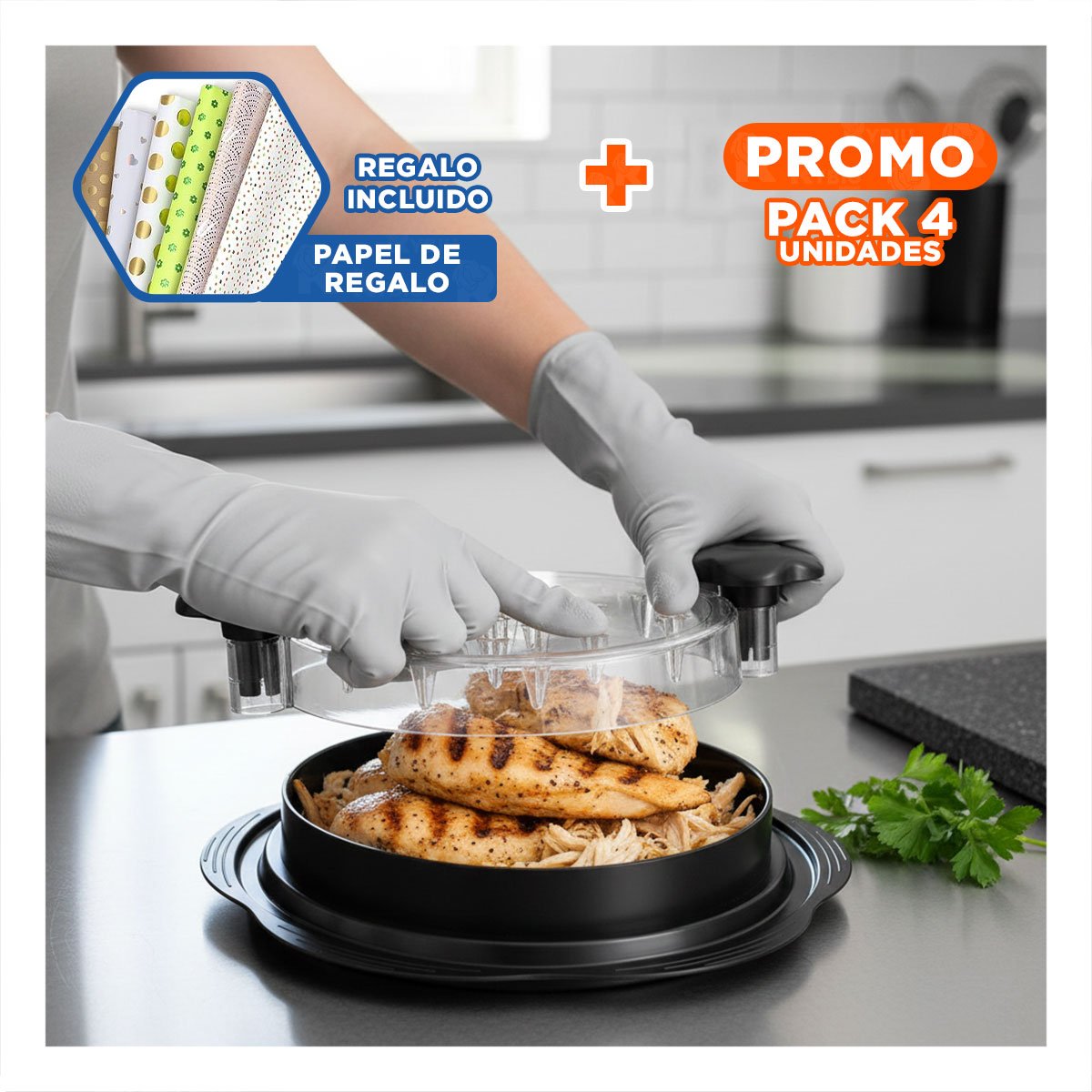PACK4 MAQUINA GIRATORIA COMPACTA PARA DESMENUZAR POLLO FACIL EN HOGAR Y+PAPEL REGALO - 1