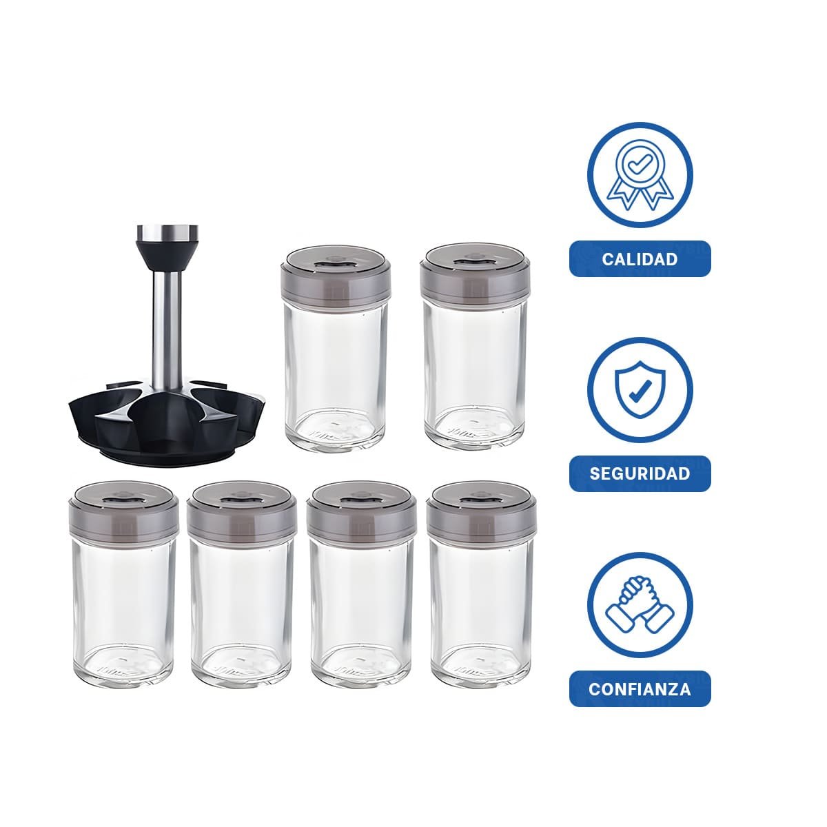 BASE GIRATORIA PARA ESPECIAS CON 6 FRASCOS TAPA PLANA PLATEADO PARA COCINA - 3