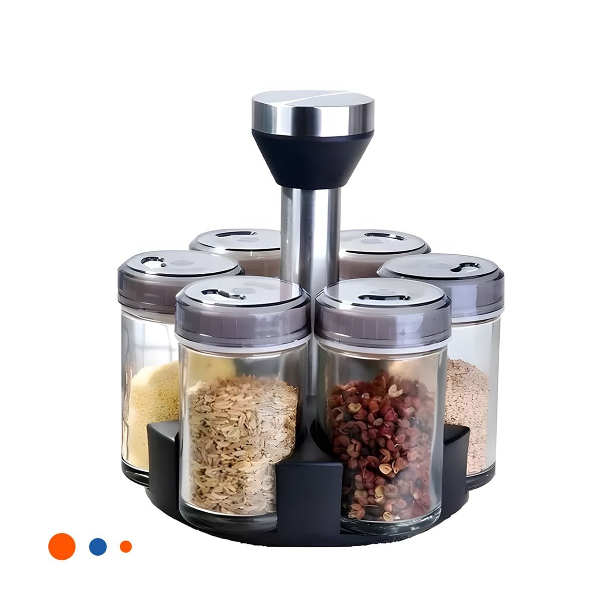 ESTACION GIRATORIA PARA CONDIMENTOS CON 6 FRASCOS TAPA PLANA PLATEADO Y+LIGAS REGALO - 3