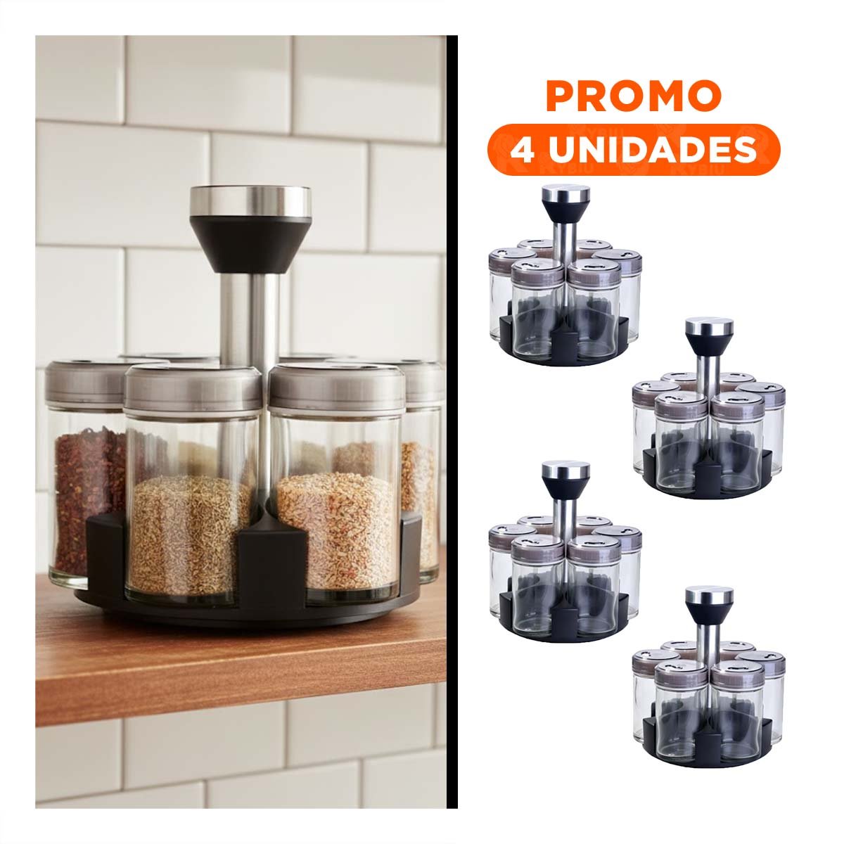 PACK4 ORGANIZADOR DECORATIVO GIRATORIO CON 6 FRASCOS TAPA PLANA PLATEADO Y+REGALO STICKER - 1