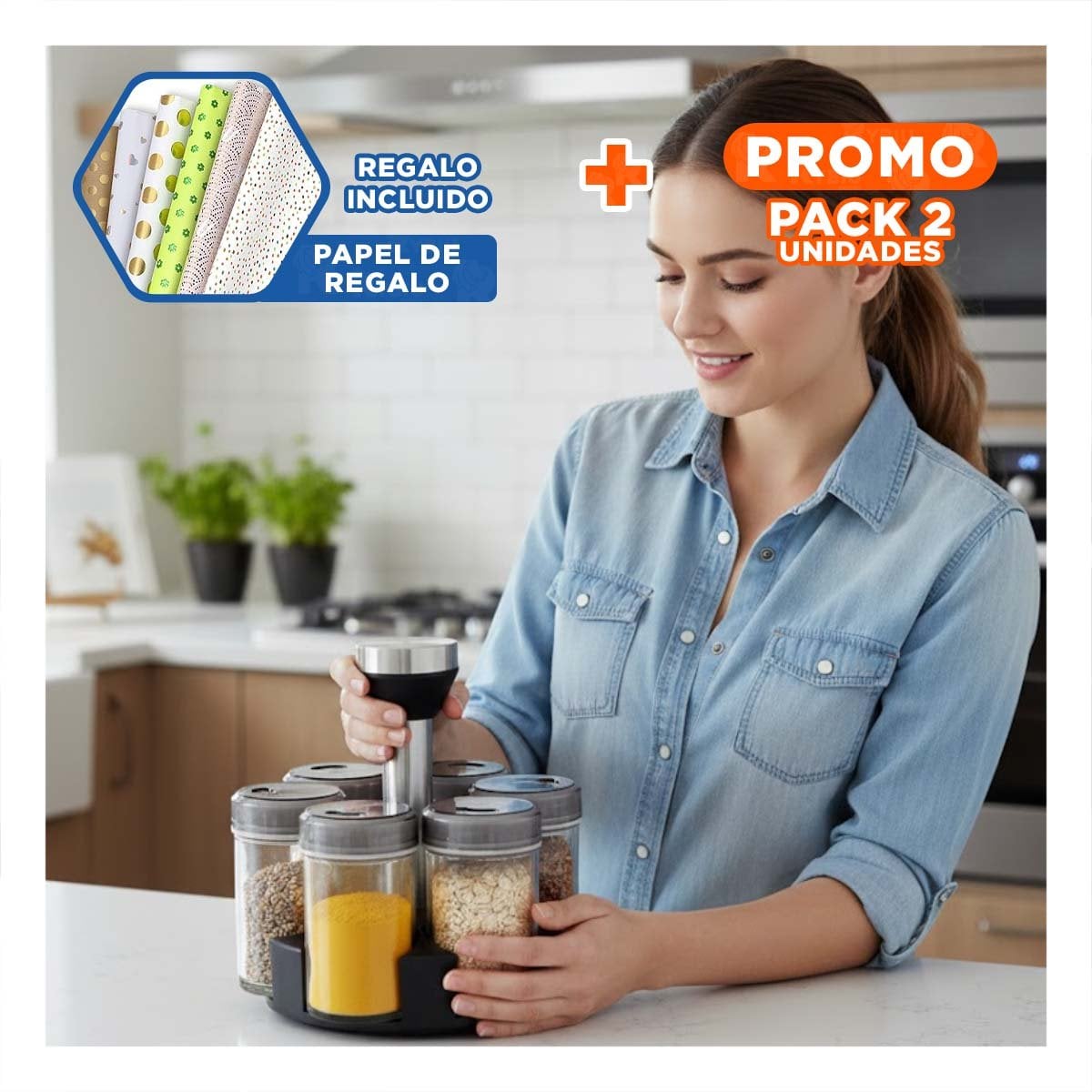 PACK2 RACK METALICO GIRATORIO CON 6 FRASCOS TAPA PLANA PLATEADO Y+PAPEL REGALO - 1