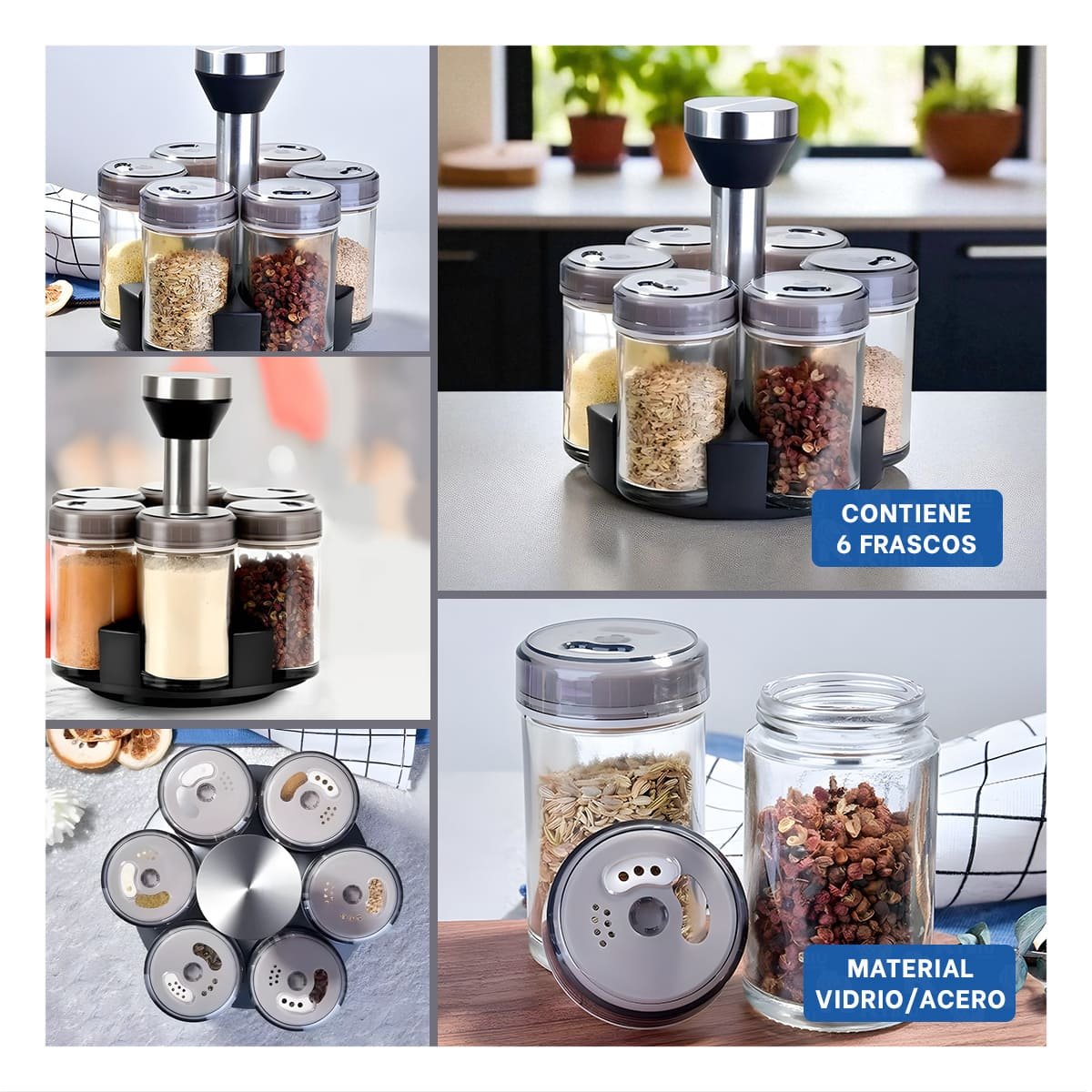 PACK2 RACK METALICO GIRATORIO CON 6 FRASCOS TAPA PLANA PLATEADO Y+PAPEL REGALO - 3