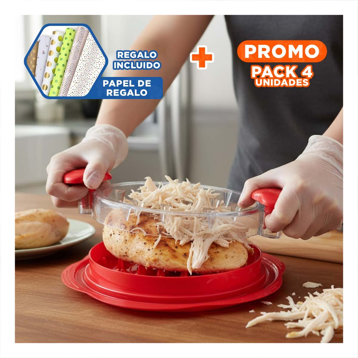 PACK4 MAQUINA GIRATORIA COMPACTA PARA DESMENUZAR POLLO EN CASA Y+PAPEL REGALO - 1
