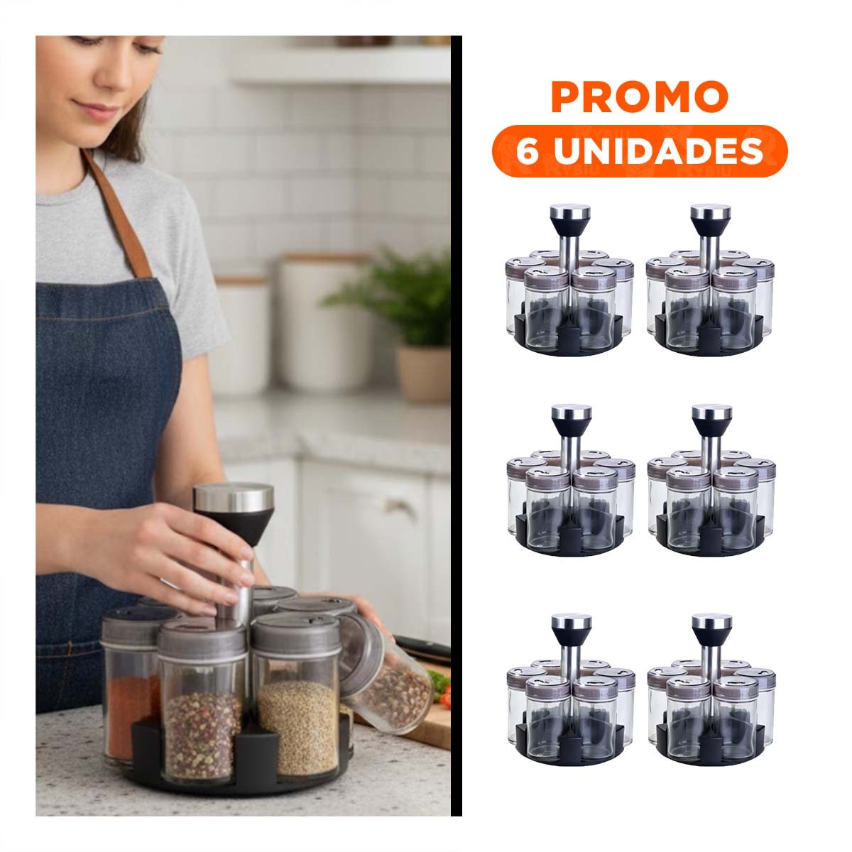PACK6 ESTACION DECORATIVA GIRATORIA CON 6 FRASCOS TAPA PLANA PLATEADO - 1