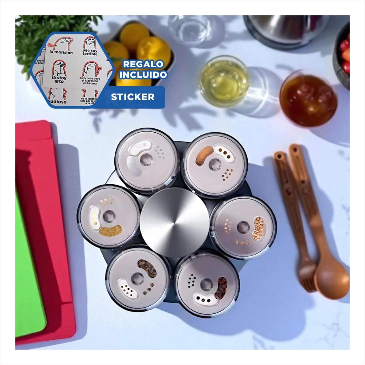 TORRE GIRATORIA DE ESPECIAS CON 6 FRASCOS TAPA PLANA PLATEADO PARA COCINA Y+REGALO STICKER - 1