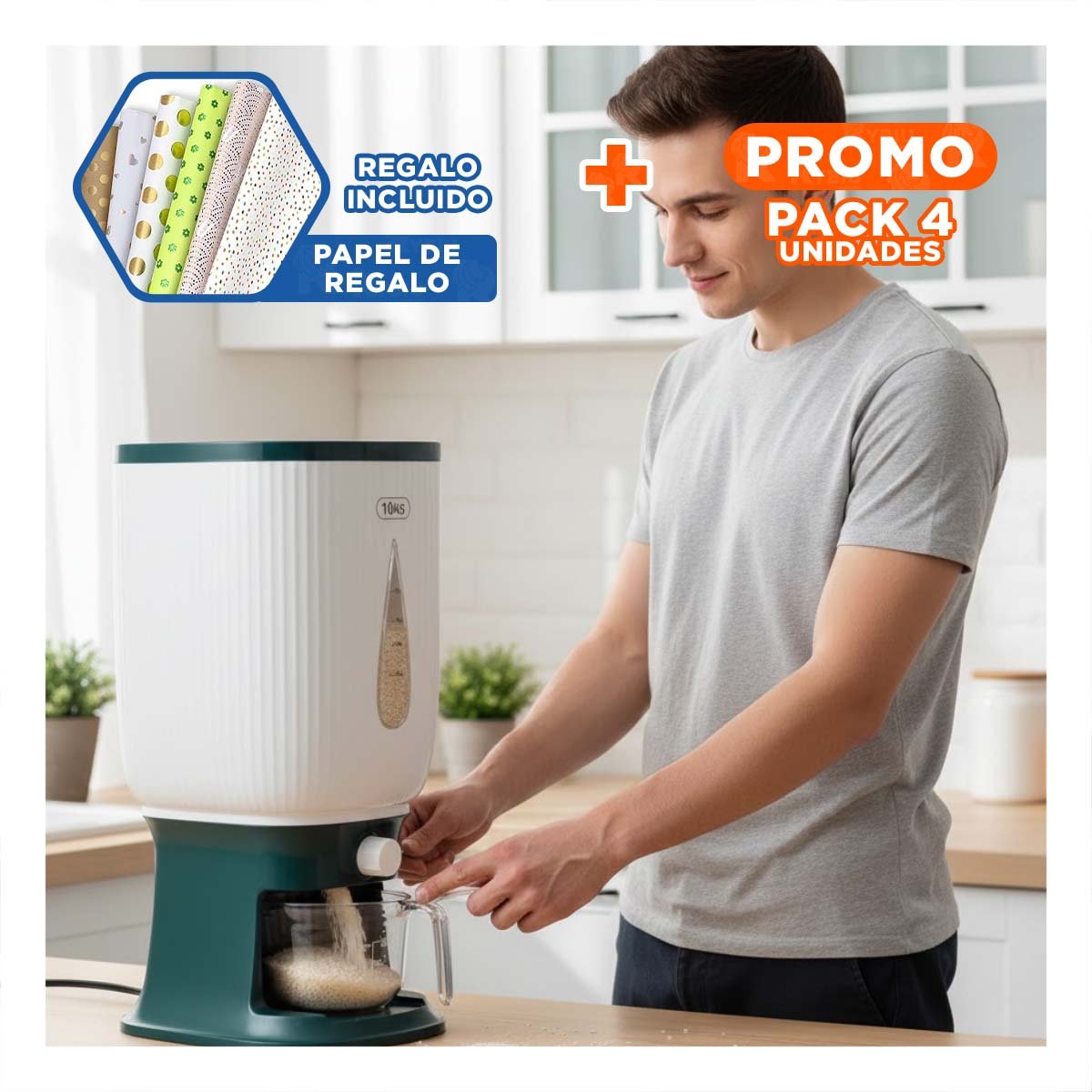 PACK4 CONTENEDOR HERMETICO PARA GRANOS SECOS CON DOSIFICADOR Y+PAPEL REGALO - 1