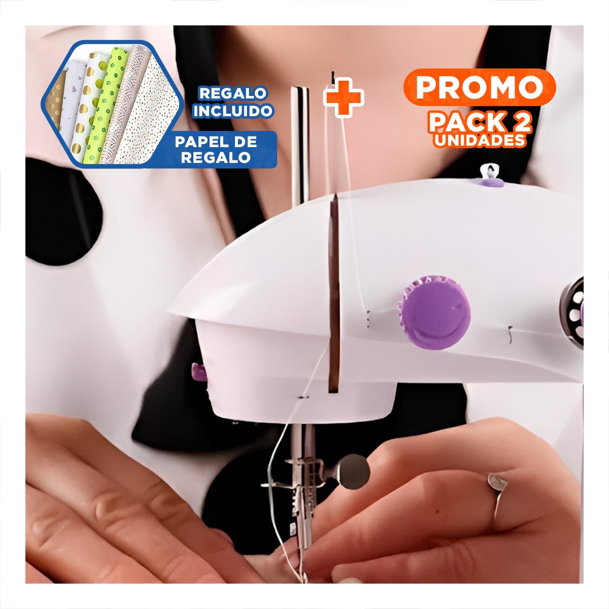 PACK2 MAQUINA DE COSER CON MESA PORTATIL Y DISEÑO BLANCO MORADO MODERNO Y+PAPEL REGALO - 1