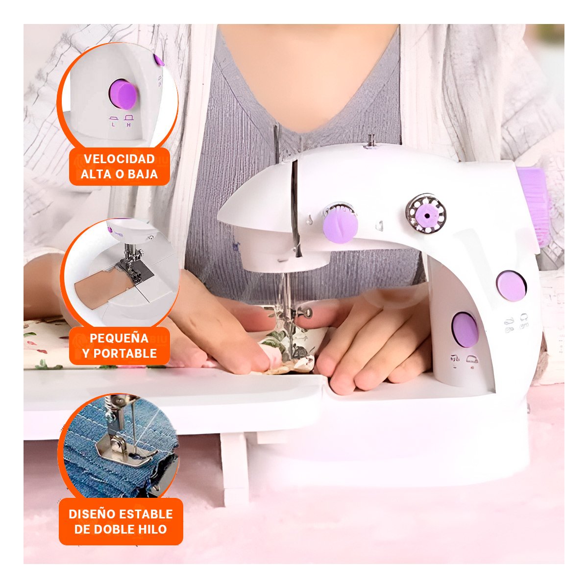 PACK2 MAQUINA DE COSER CON MESA PORTATIL Y DISEÑO BLANCO MORADO MODERNO Y+PAPEL REGALO - 5
