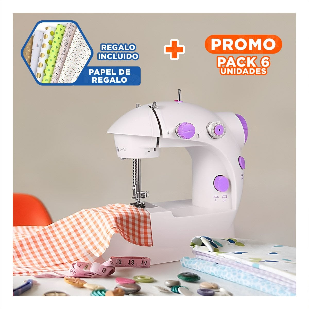 PACK6 COSEDORA PORTATIL BLANCO MORADO PARA COSER CON MESA ESTABLE Y+PAPEL REGALO - 1
