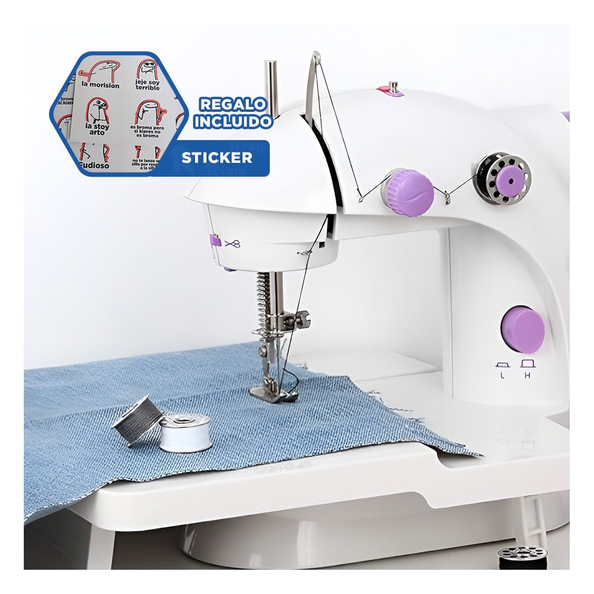 EQUIPO DE COSER CON MESA PORTATIL MORADO Y ACABADO BLANCO LIMPIO Y+REGALO STICKER - 1