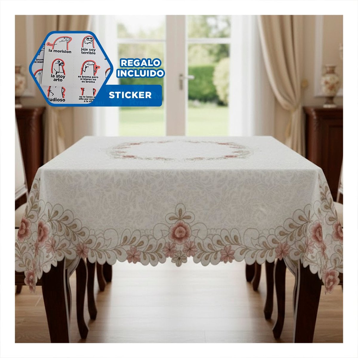 TAPETE DE MESA BORDE BORDADO FLORES Y HOJAS CREMA 350X180CM PARA HOGAR YREGALO STICKER - 1