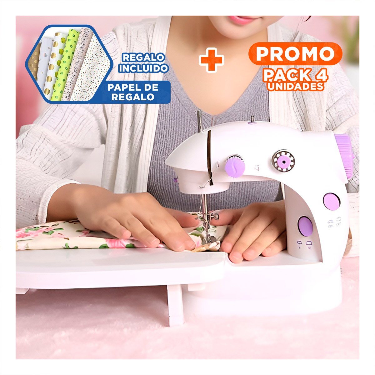 PACK4 MAQUINA CON DETALLES MORADOS Y MESA PORTATIL BLANCO PARA COSER COMODO Y+PAPEL REGALO - 1