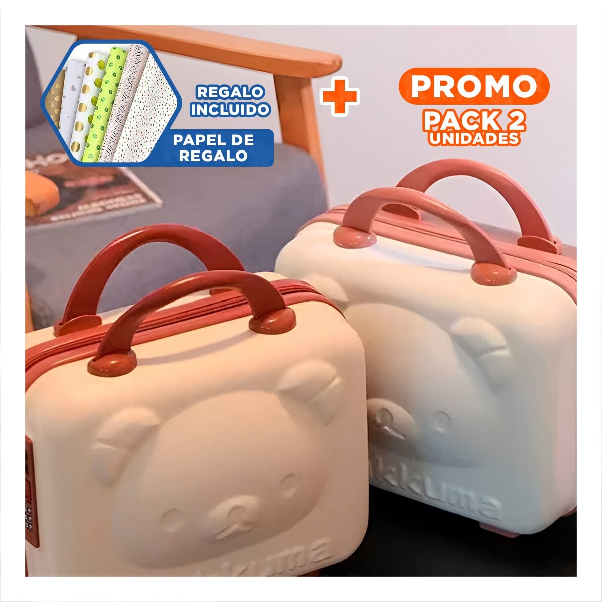 PACK2 MINI MALETA DE OSO COLOR BEIGE MULTIUSOS CON ESPACIO INTERIOR FUNCIONAL Y+PAPEL REGALO - 1