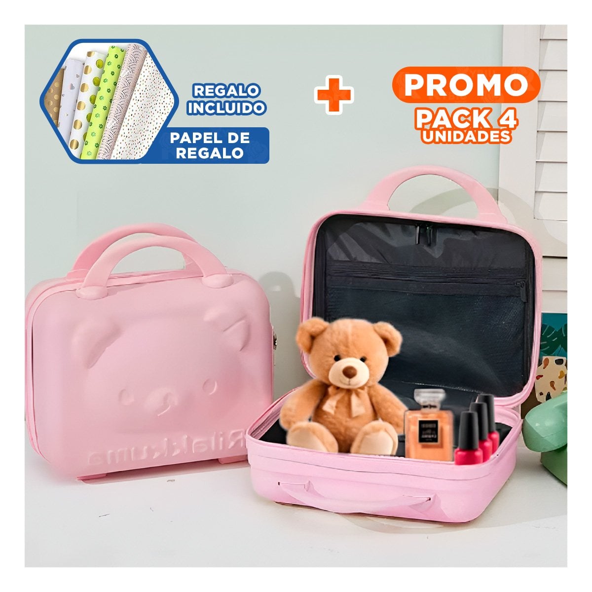 PACK4 MINI MALETA COMPACTA MULTIUSOS DE OSO EN COLOR ROSADO PARA ACCESORIOS Y+PAPEL REGALO - 1