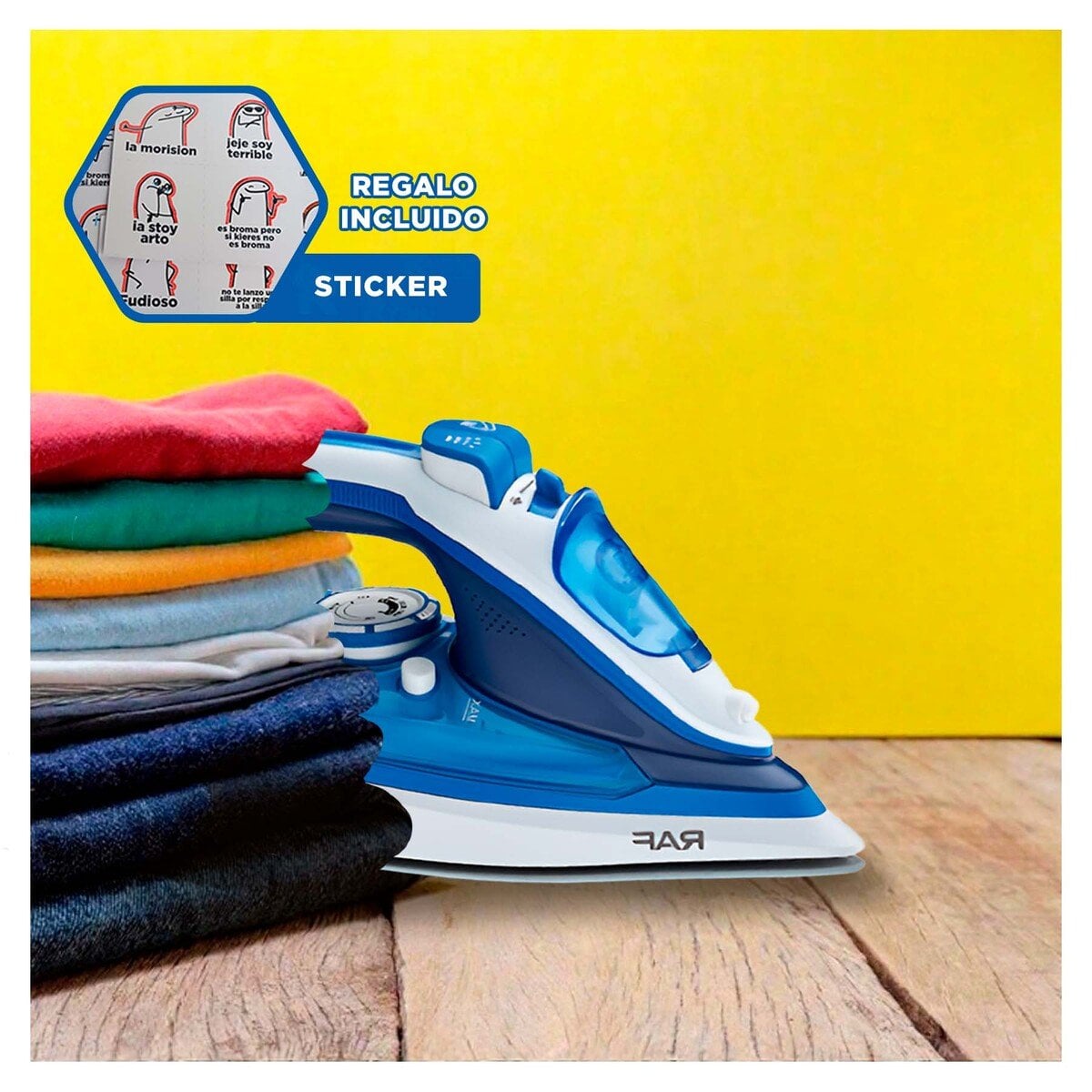 PLANCHADOR DE VAPOR ELECTRICA BLANCO Y AZUL POTENCIA ESTABLE PARA ROPA HOGAR YREGALO STICKER - 1
