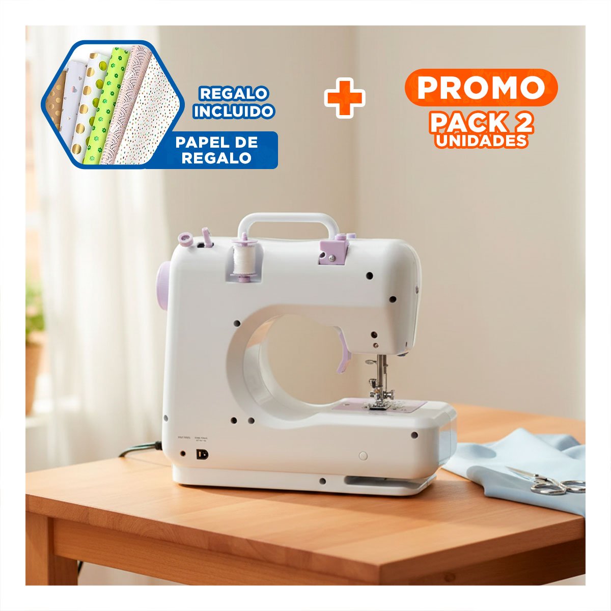 PACK2 MAQUINA DE COSER CON ENFOQUE PRACTICO PARA HOGAR COLOR BLANCO Y+PAPEL REGALO - 1