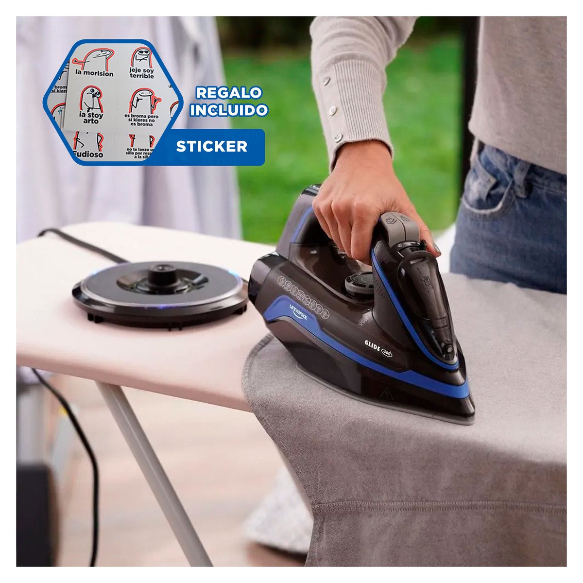 PLANCHADOR DE VAPOR ELECTRICA NEGRO Y AZUL POTENCIA ESTABLE PARA ROPA HOGAR YREGALO STICKER - 1