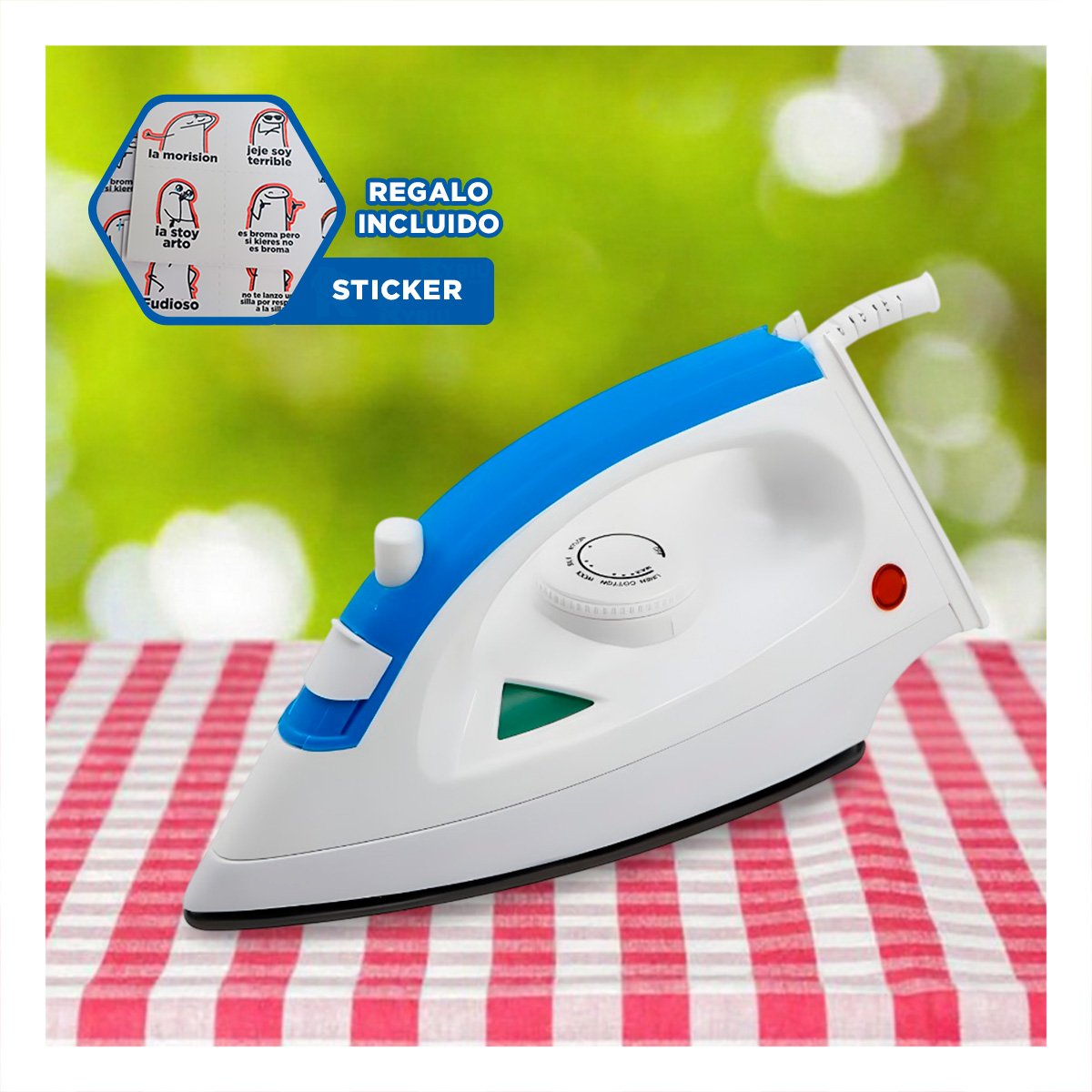 PLANCHADOR DE VAPOR ELECTRICA BLANCO Y AZUL POTENCIA ESTABLE PARA ROPA HOGAR YREGALO STICKER - 1