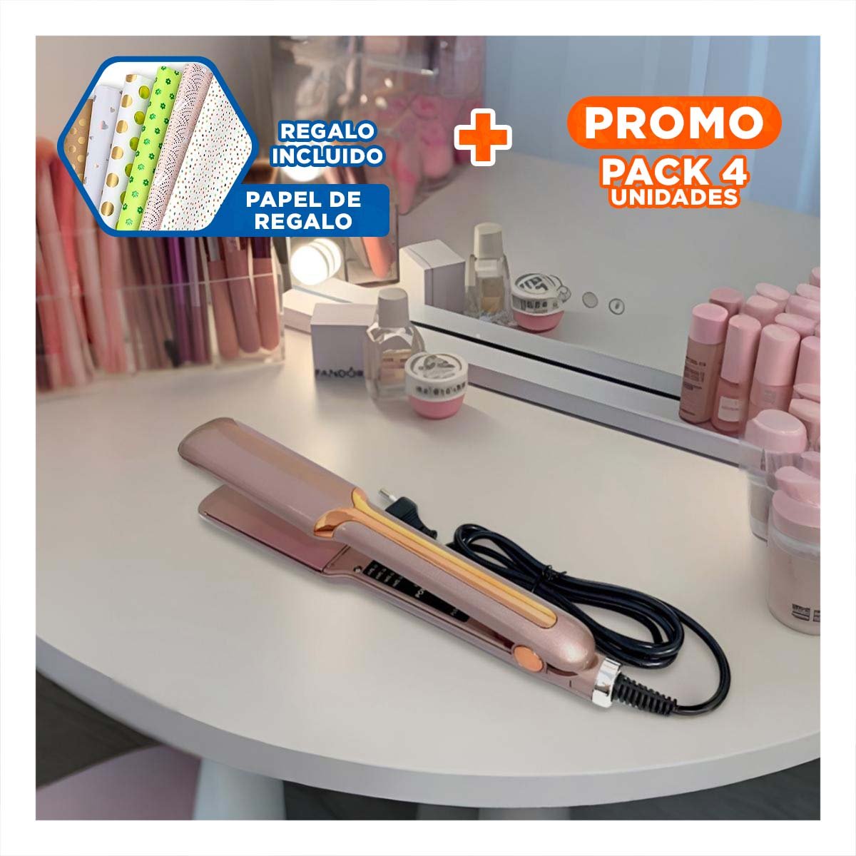 PACK4 PLANCHA CAPILAR FUNCIONAL PARA CUIDADO PERSONAL DORADO Y+PAPEL REGALO - 1