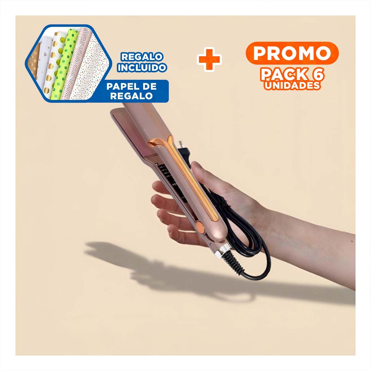 PACK6 ESTILIZADOR CAPILAR CON DISENO COMPACTO PARA ALISAR FACIL DORADO Y+PAPEL REGALO - 1