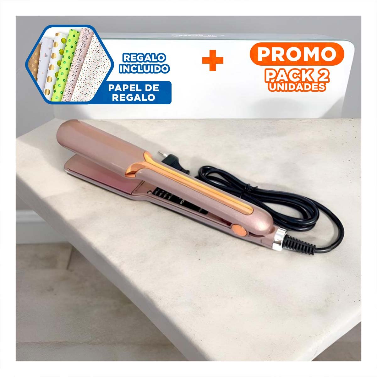 PACK2 PLANCHA CAPILAR DE CALOR ESTABLE PARA PEINADO DIARIO DORADO Y+PAPEL REGALO - 1