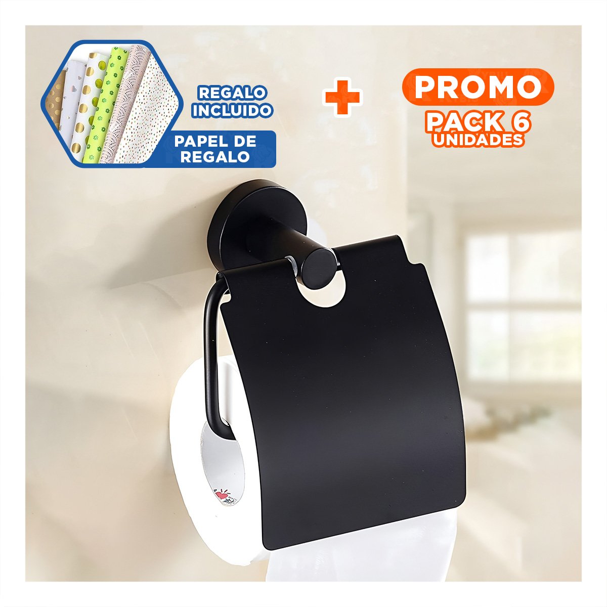PACK6 MODULO PARA PAPEL HIGIENICO CON CUBIERTA SUPERIOR PARA PARED NEGRO PRO YPAPEL REGALO - 1