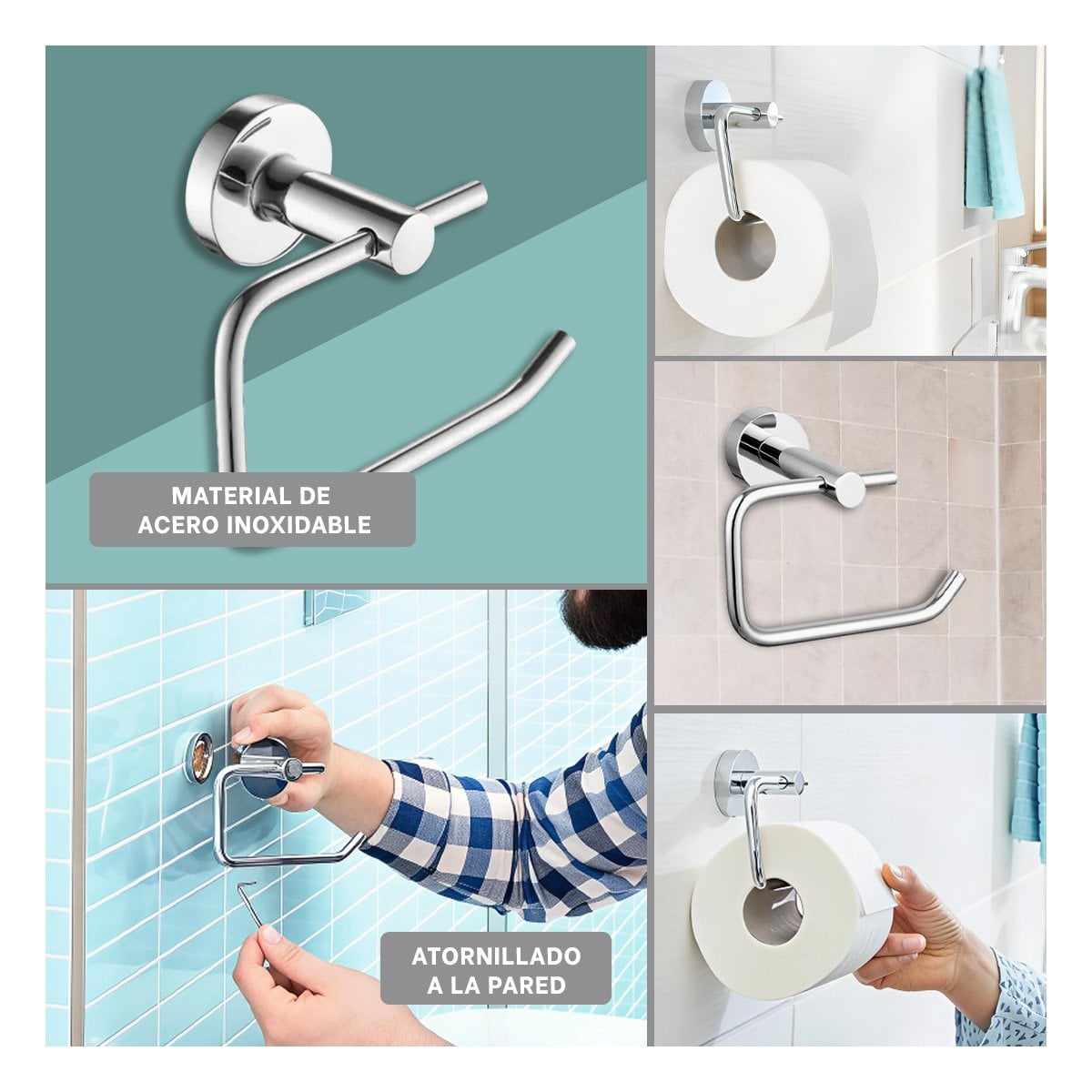 PORTA PARA PAPEL HIGIENICO PARA PARED ESTRUCTURA ESTABLE METAL PLATEADO YSTICKY - 1