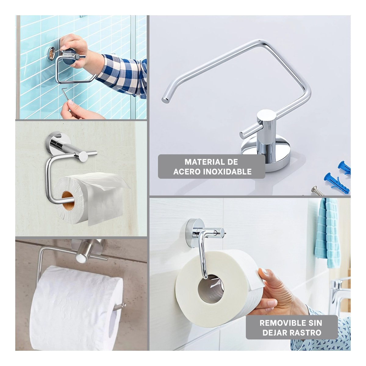 PORTA PARA PAPEL HIGIENICO PARA PARED ESTRUCTURA ESTABLE METAL PLATEADO YSTICKY - 5