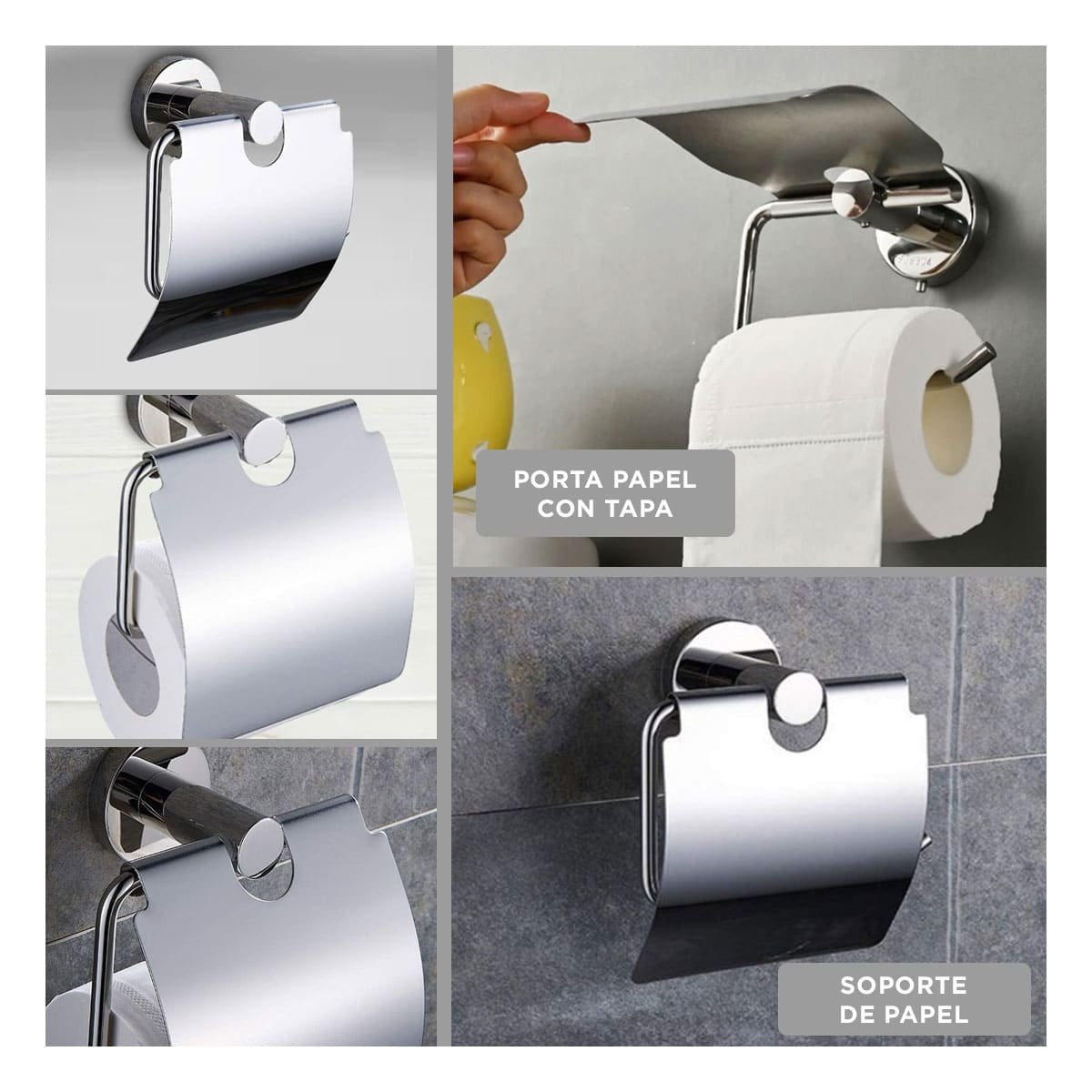 PORTA PARA PAPEL HIGIENICO CON CUBIERTA SUPERIOR PARA PARED PLATEADO ECO YSTICKY - 1