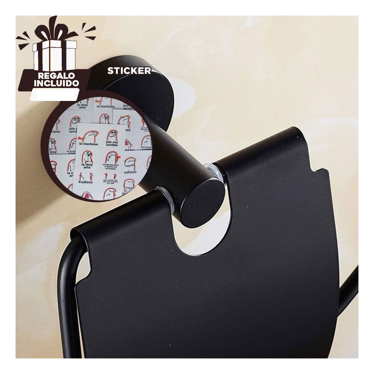 PORTA PARA PAPEL HIGIENICO CON TAPA FIRME PARA PARED ACABADO NEGRO MAX YREGALO STICKER - 1