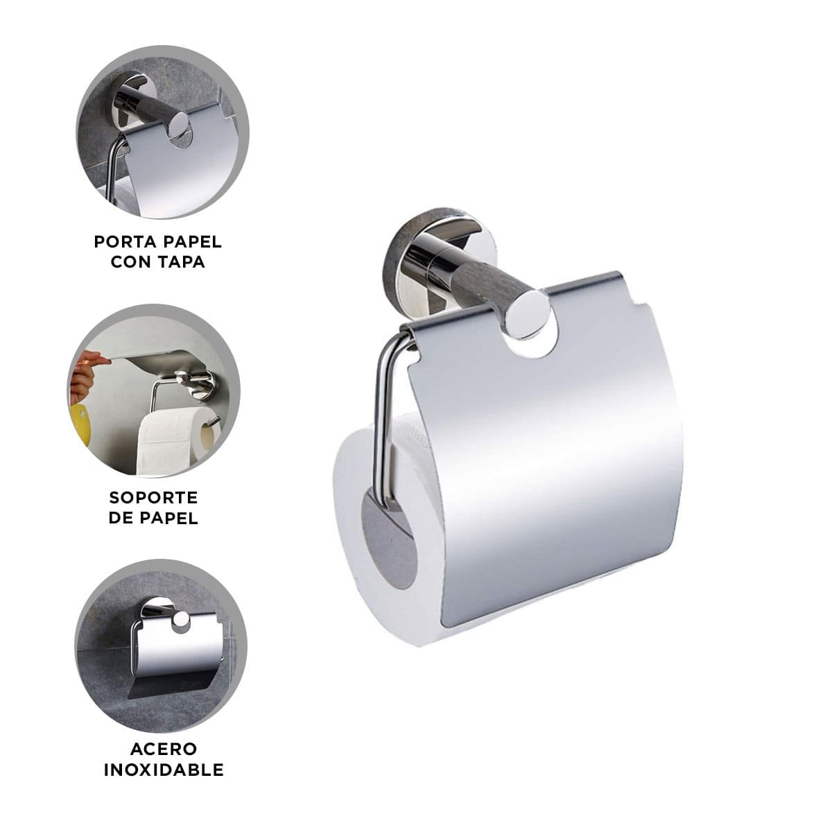 PORTA PARA PAPEL HIGIENICO CON TAPA METALICA PARA PARED COLOR PLATEADO PLUS - 3