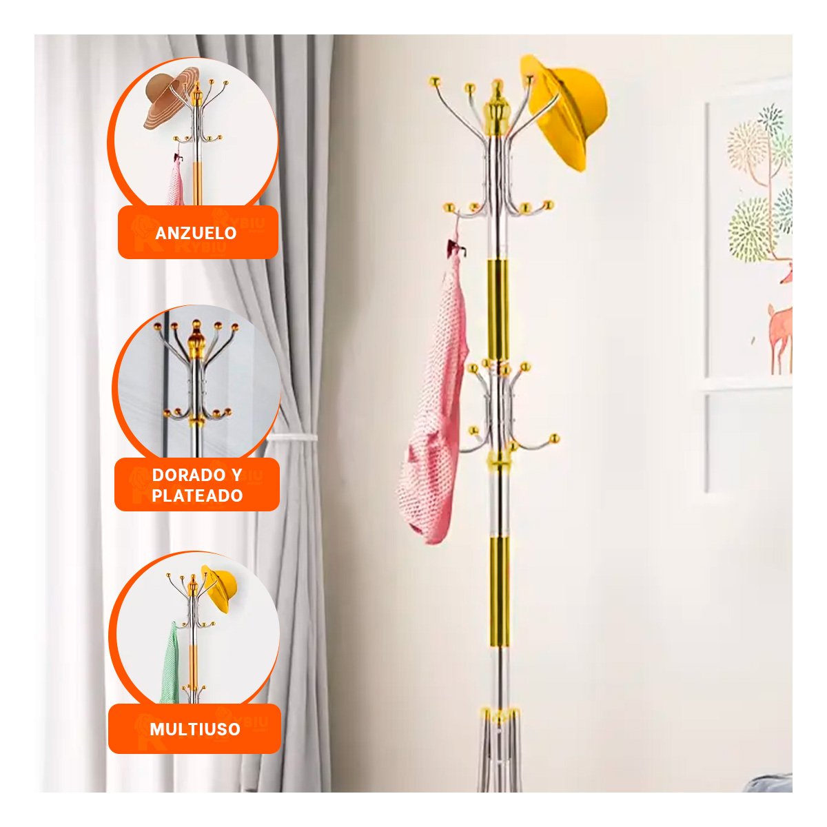 COLGADOR MULTIUSO 172CM DORADO Y PLATEADO USO DIARIO COMODO Y PRACTICO Y+PAPEL REGALO - 3