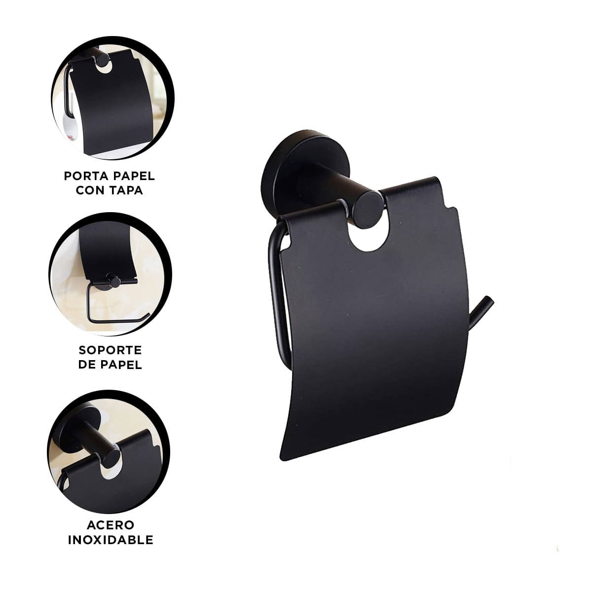 PORTA PARA PAPEL HIGIENICO CON TAPA METALICA FUNCIONAL PARA PARED COLOR NEGRO PLUS - 3